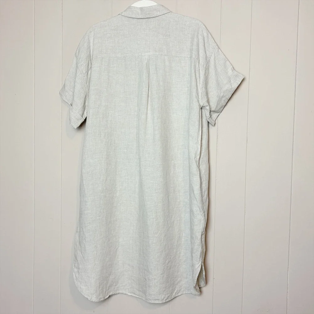 J. Crew 100% Linen Capitaine Shirt Dress M Short Sleeve Button Down Beige Tan